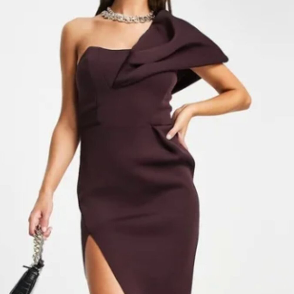 ASOS DESIGN one shoulder seamed bust midi dress with high leg split in aubergin